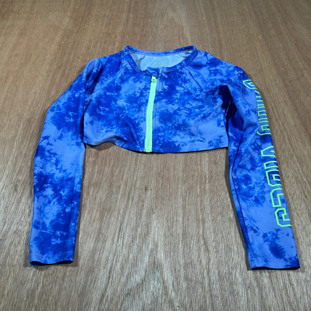 Wonder Nation Rash Guard Kids M 7-8 Blue Tie Dye Good Vibes Cropped Zip Front